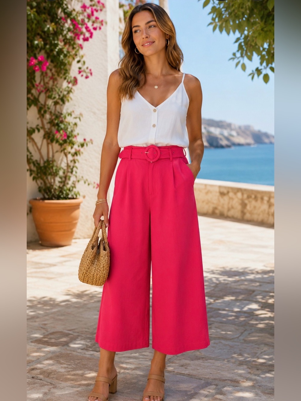 G By Giulianna Bright Pink Linen Blend Wide Leg Cropped Pants w/ Belt Size 12